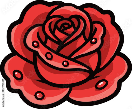 Vibrant red rose with dew drops, outlined in bold black