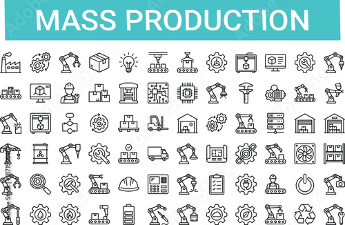 Mass production icon set, black line style, factory, automation, robotic arms, packaging, industrial tools, manufacturing, business, technology