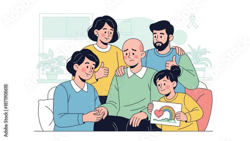 A heartwarming illustration of a family showing support and love for a cancer patient
