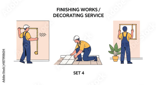 Construction workers performing finishing works and decorating services indoors