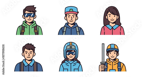 Diverse group of cartoon people with different professions and headwear