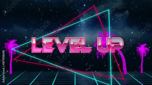 Animation of level up text over triangular banner and palm trees over grid network against space