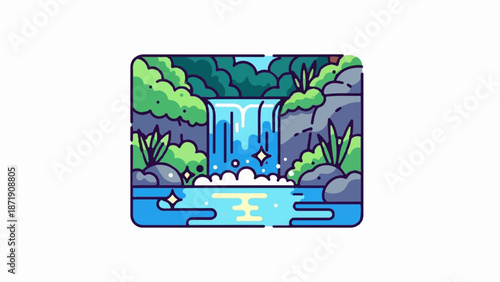 Vibrant stylized waterfall cascading into a pool surrounded by lush greenery and rocks