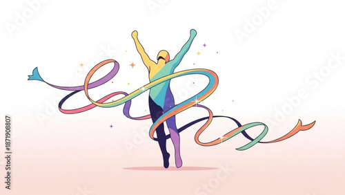 A colorful illustration of a person dancing with a flowing ribbon in a celebratory pose