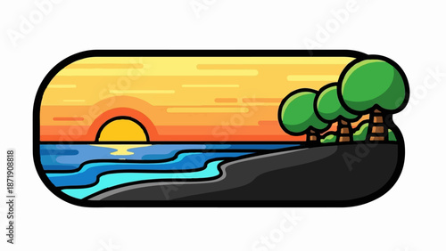 Vibrant sunset over a tranquil ocean shoreline with lush green trees
