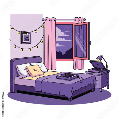 A cozy bedroom with a bed, window, and nightstand