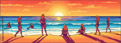 Vibrant sunset paints the sky over women enjoying a serene beach day, with gentle waves