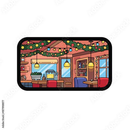 A cozy cafe interior with holiday decorations