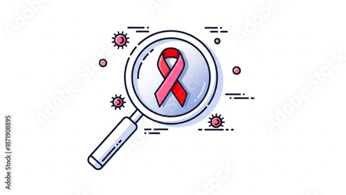 A vector graphic illustration of a magnifying glass with a red awareness ribbon and virus cells