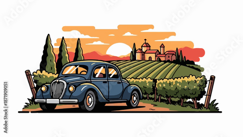 Vintage car parked amidst lush vineyards at sunset with distant Italian village architecture