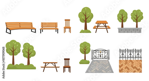 Park furniture and greenery elements collection benches trees and decorative features