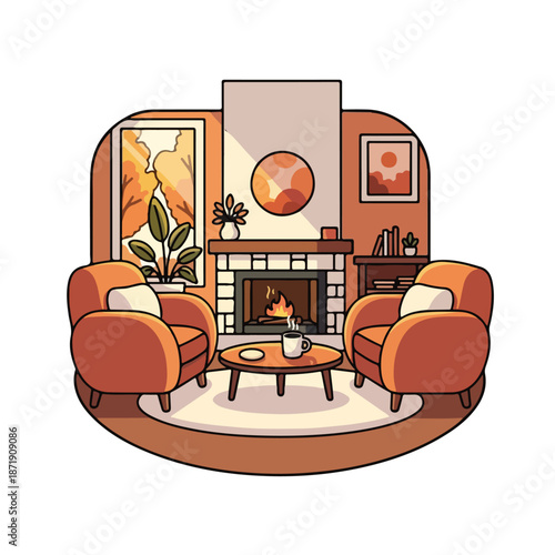 A cozy living room with a fireplace and two chairs