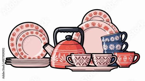 Vintage floral patterned dishes and a red kettle, a charming tea set arrangement
