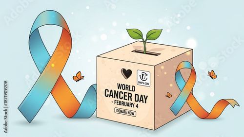 A vector graphic illustration of a donation box with a plant growing out of it, surrounded by a cancer awareness ribbon and butterflies, promoting World Cancer Day.