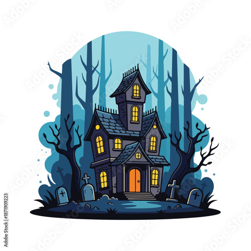 A haunted house with glowing windows in a spooky forest