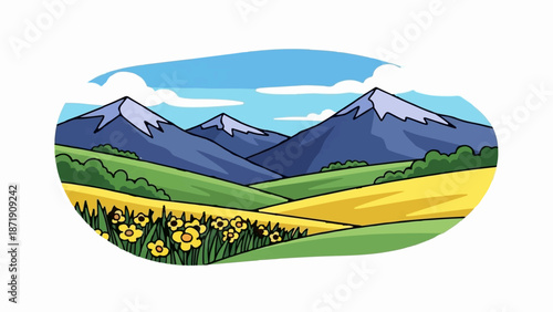 Vivid cartoon landscape with snow-capped mountains, rolling green hills, and a field of yellow flowers under a cloudy blue sky