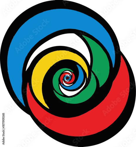 Vivid concentric swirls of red, blue, yellow, green, and white descend into a central spiral