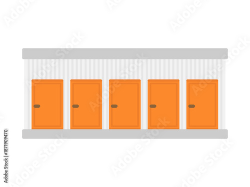 オレンジ色のドアが並ぶトランクルームの建物イラスト