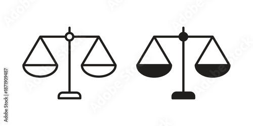 Scales of justice icons in a black filled and outlined style. Set of vector icons