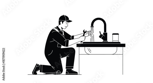 A plumber kneeling and repairing pipes under a modern kitchen sink