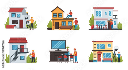 Construction workers renovating and maintaining diverse residential buildings and smart home tech