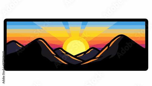 Vivid sunset over jagged, dark mountains, casting colorful rays