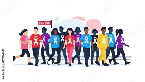 A diverse group of people walking together in support of cancer awareness and research