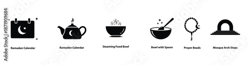 Ramadan Kareem Silhouette Icons Set Calendar Teapot Iftar Food Bowls and Prayer Beads