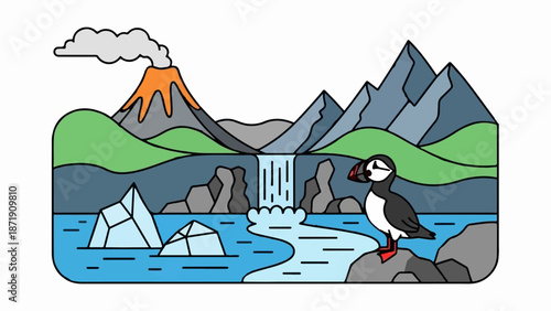 Volcanic landscape with puffin, waterfall, icebergs, and mountains