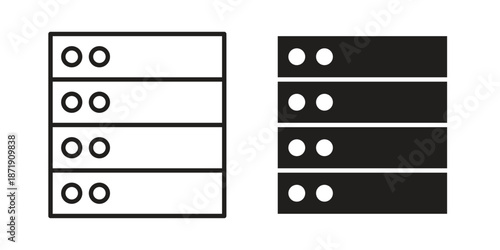 Server rack icons in a black filled and outlined style. Set of vector icons