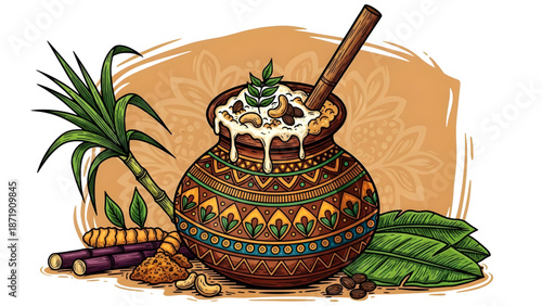 Traditional Pongal Pot Vector Illustration Indian Harvest Festival