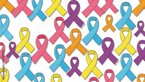 A colorful pattern of awareness ribbons on a white background
