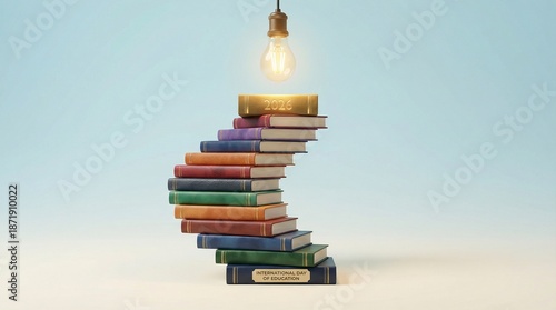Conceptual illustration for International Day of Education 2026 featuring a spiral stack of colorful books and a glowing light bulb representing knowledge and ideas.