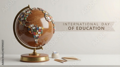 International Day of Education 2026 Concept with Wooden Globe Made of Books and Stationery on White Desk