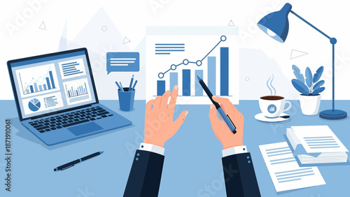 Analyzing Business Growth Hands Pointing at Rising Bar Graph and Laptop.