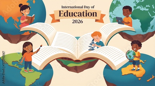 International Day of Education 2026 banner with diverse children engaged in learning, reading, and science on floating world map continents with a giant open book.