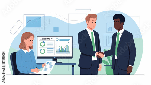 Business Agreement Two Men Shaking Hands in Office Setting.