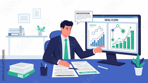Business Analyst Reviewing Data and Documents at Desk.