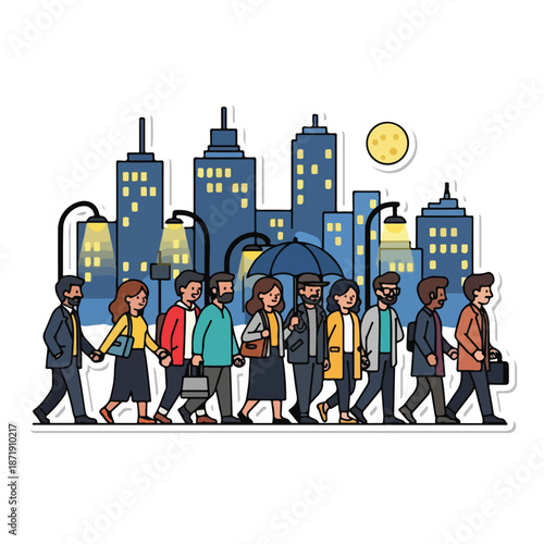 A group of people walking in front of a city skyline