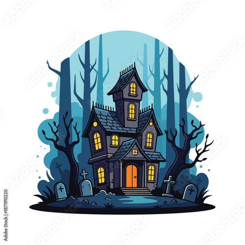 A haunted house with glowing windows in a spooky forest