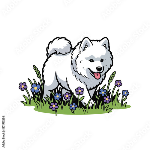 A happy white dog surrounded by colorful flowers