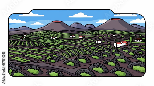 Volcanic landscape with terraced fields and white houses under a blue sky with clouds