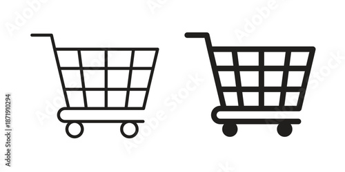 Shopping trolley icons in a black filled and outlined style. Set of vector icons
