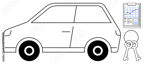Automotive finance, leasing, vehicle ownership, insurance, car rental, sales transactions. Illustration of a car, keys and a clipboard with a financial chart. Automotive finance and leasing concept