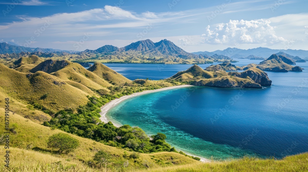 Naklejka premium Tropical bay, hills, clear water, islands