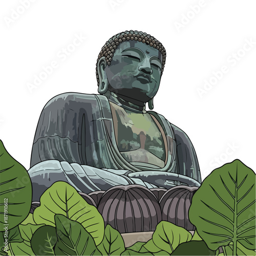 A serene stone Buddha statue surrounded by lush green leaves