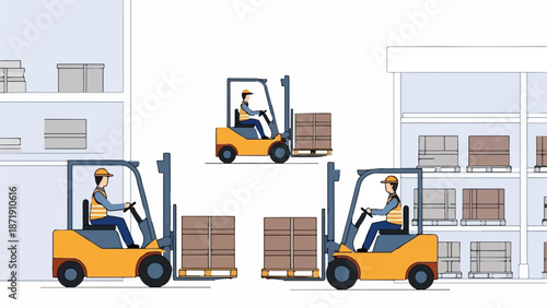 Warehouse workers operate forklifts, moving and stacking boxes on shelves