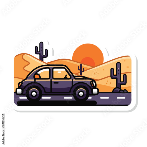 A purple car drives on a desert road at sunset