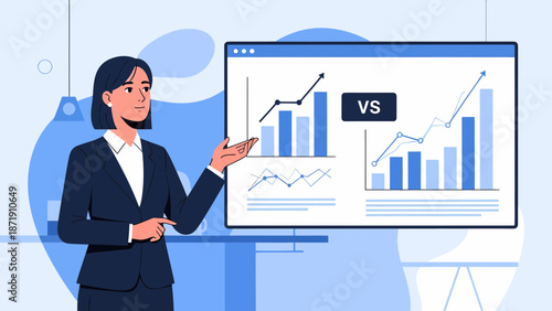 Businesswoman Presenting Comparative Data Analysis on Screen with Charts.