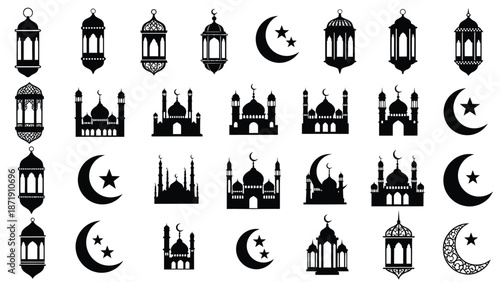 Black silhouettes of mosques lanterns crescent moons and stars white for ramadan or islamic holiday designs Silhouette vector on whit Background